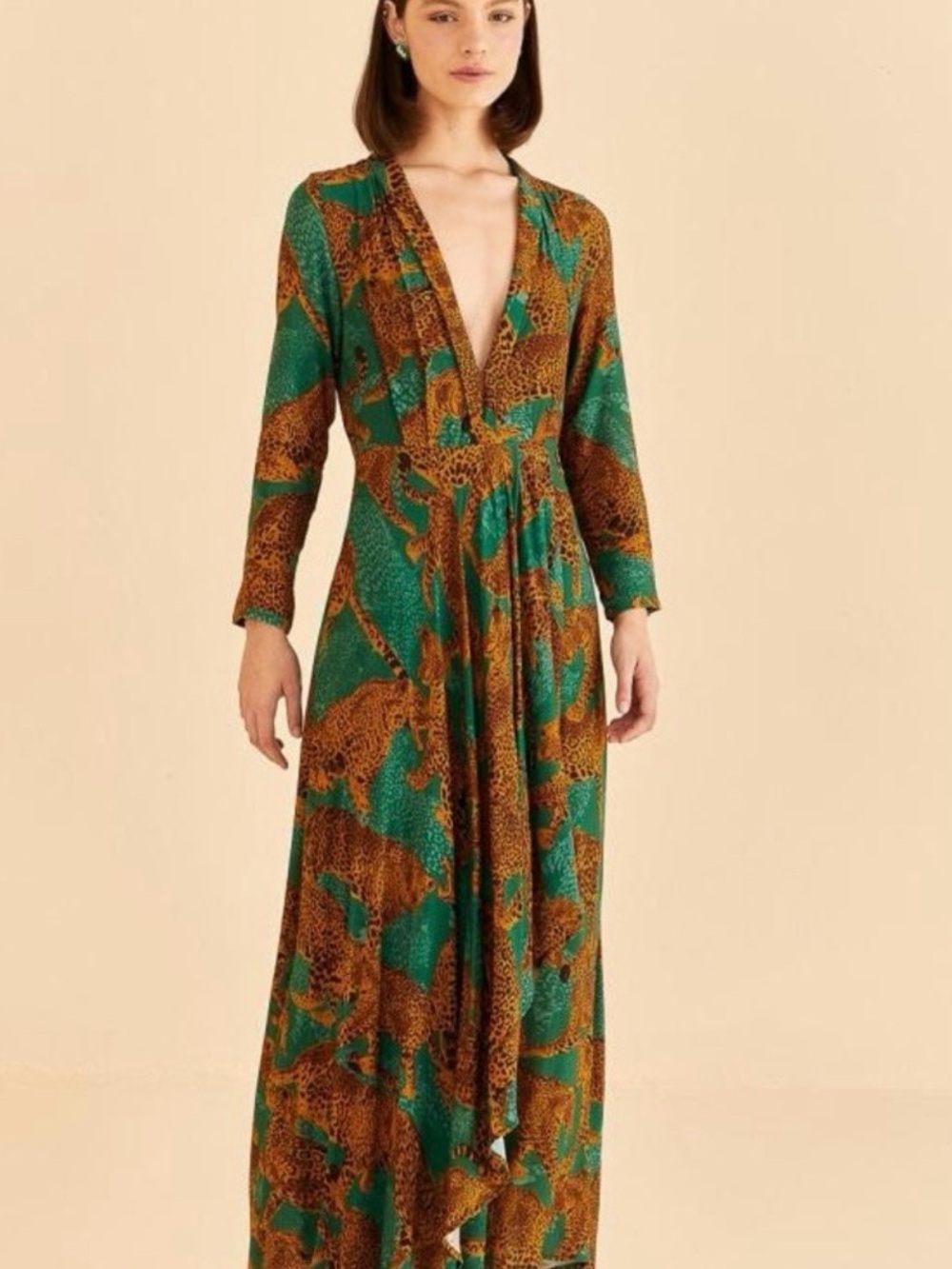 FARM Rio Green and Brown Leopard-Print V-Neck Maxi Dress XL - Picture 1 of 3